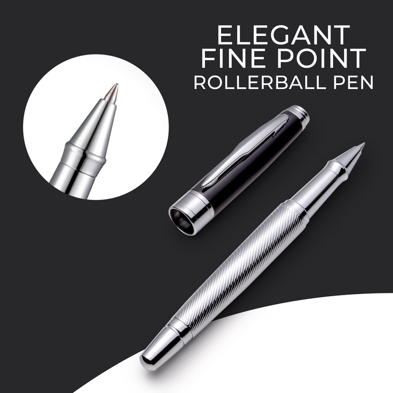 Black and Chrome Rollerball Pen with Schneider Ink Refills - ZenZoi