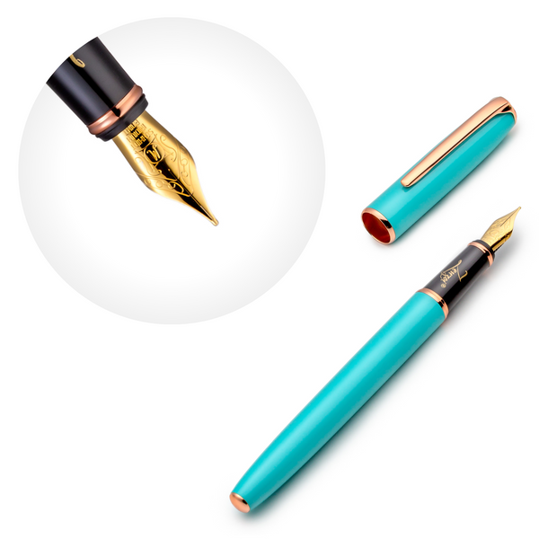 Turquoise & Rose Gold Fountain Pen with Gold Medium Nib - ZenZoi
