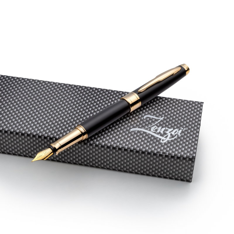 Matte Black and Gold Fountain Pen Set with Schmidt Gold Medium Nib - ZenZoi