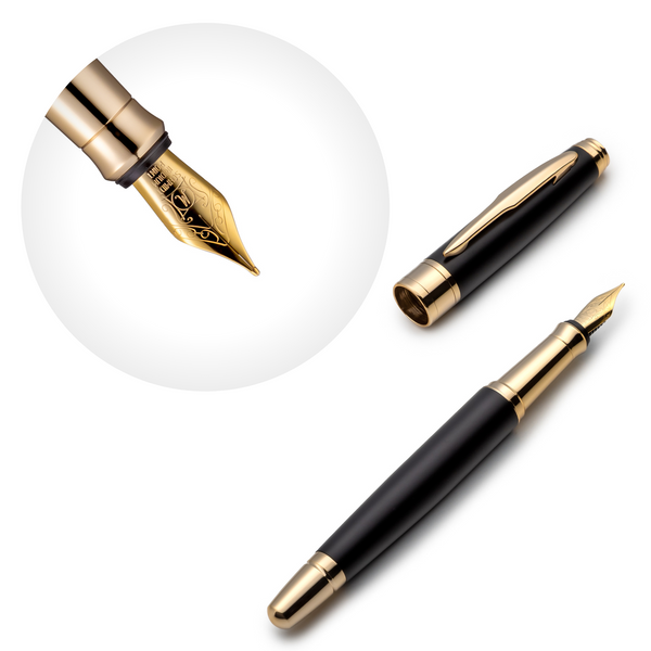 Matte Black and Gold Fountain Pen Set with Schmidt Gold Medium Nib - ZenZoi