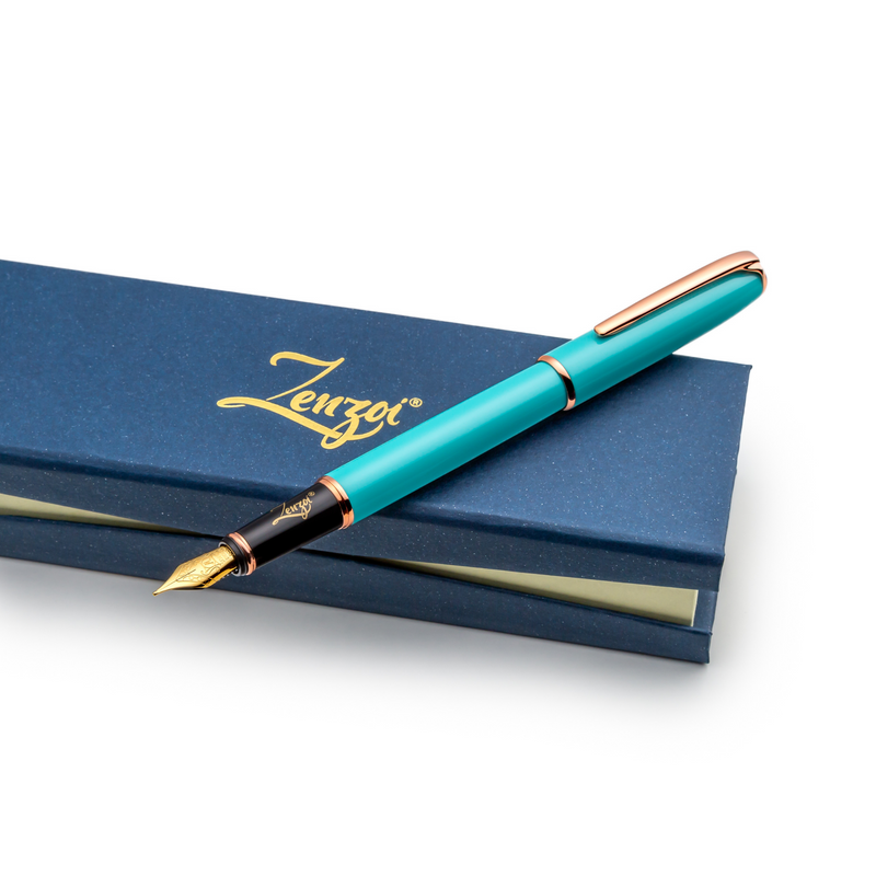 Turquoise & Rose Gold Fountain Pen with Gold Medium Nib - ZenZoi