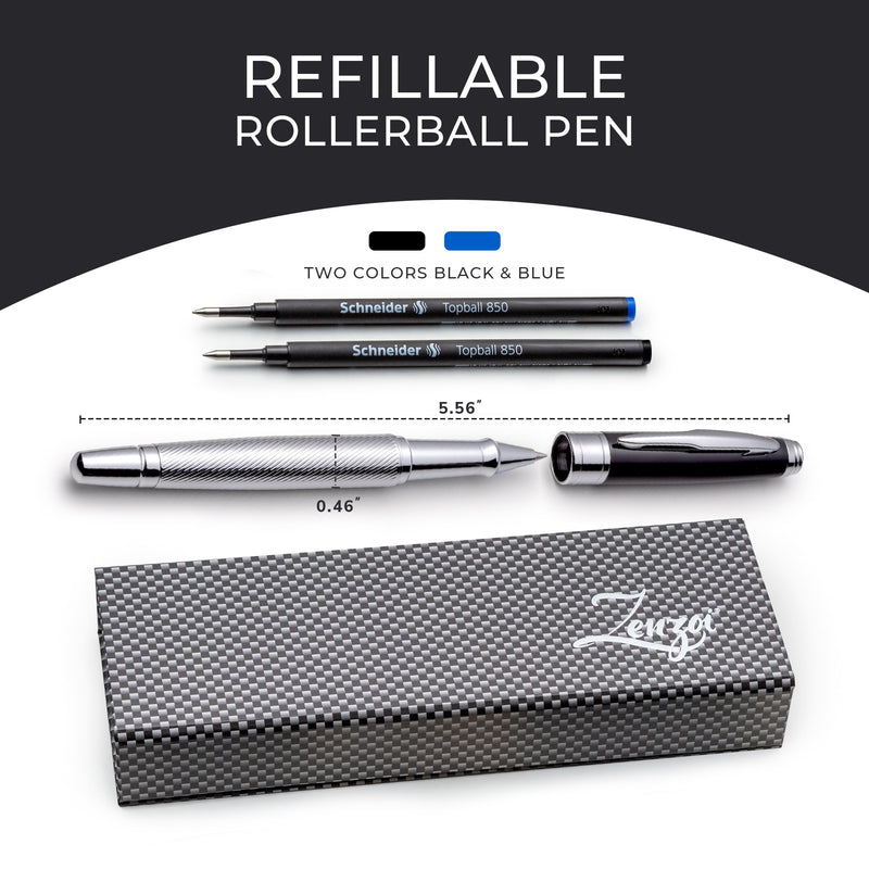 Black and Chrome Rollerball Pen with Schneider Ink Refills - ZenZoi