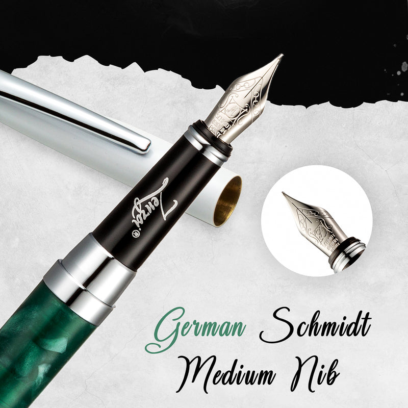 White and Green Abstract Modernist Fountain Pen Set with Schmidt Medium Nib - ZenZoi