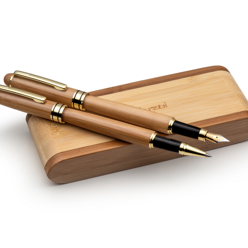 Handcrafted Bamboo Wood Fountain Pen and Rollerball Pen Set with Gift Case - ZenZoi