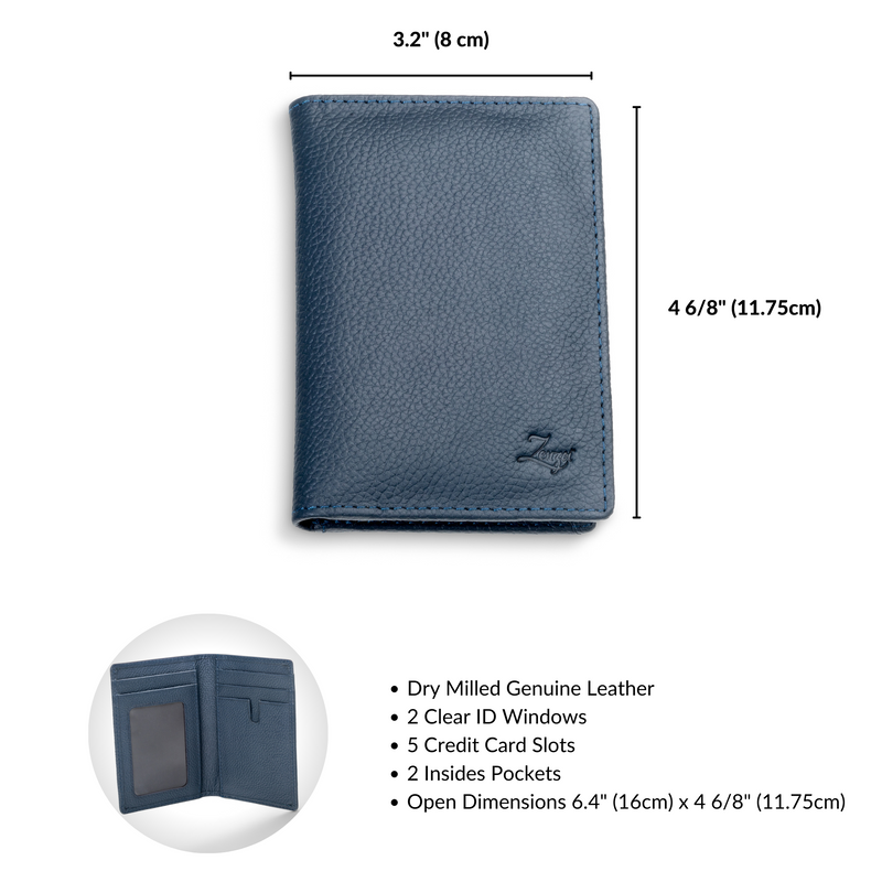 Men's Leather ID Wallet – Bifold Design, Blue Leather with ID Windows and Credit Card Slots - ZenZoi