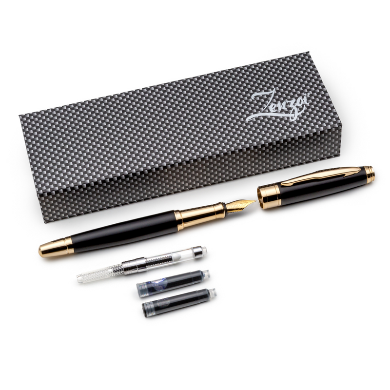 Matte Black and Gold Fountain Pen Set with Schmidt Gold Medium Nib - ZenZoi