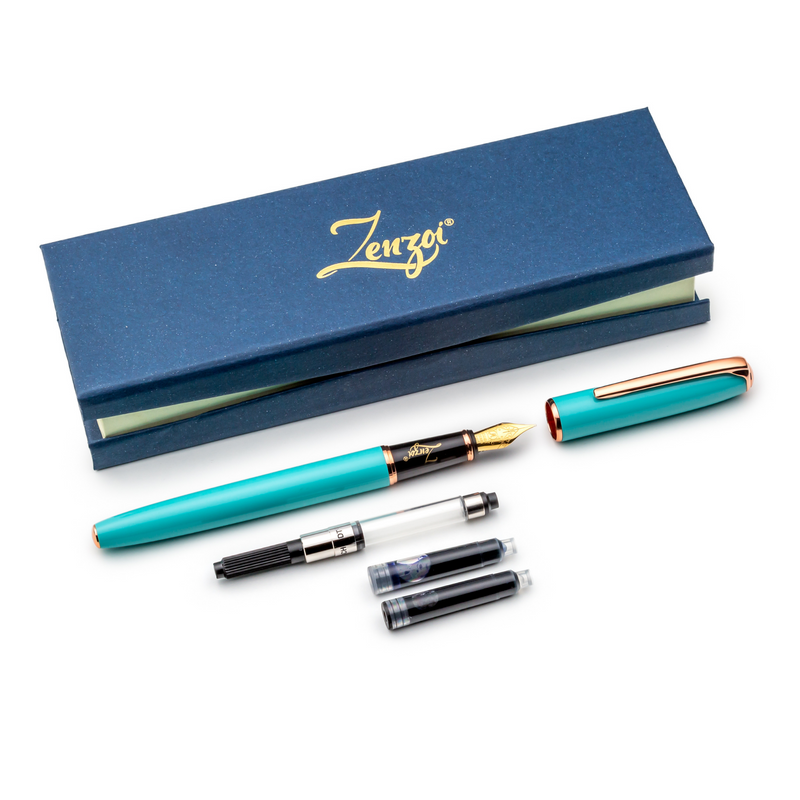 Turquoise & Rose Gold Fountain Pen with Gold Medium Nib - ZenZoi