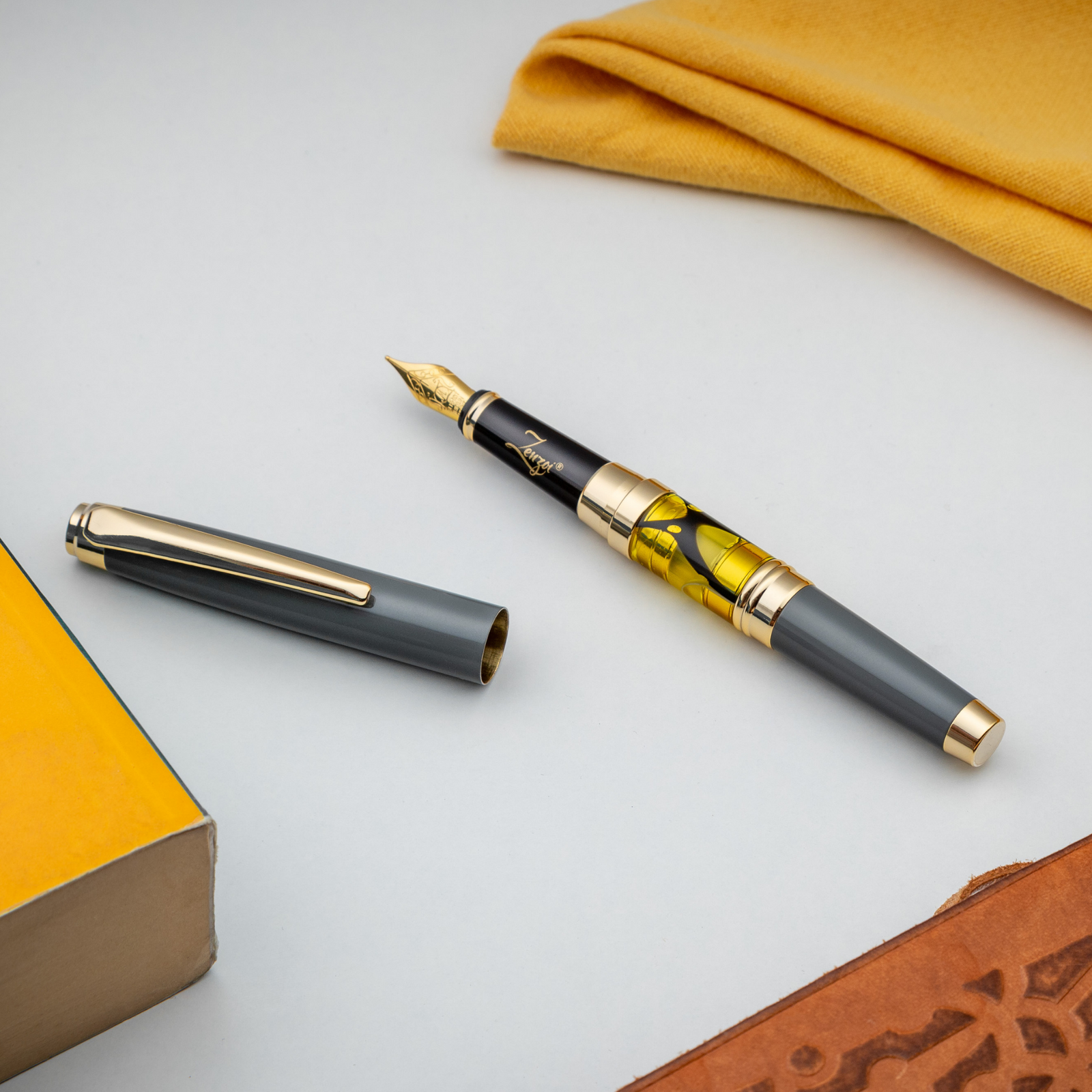 Gray & Gold Abstract Fountain Pen Set with Schmidt Gold Medium Nib