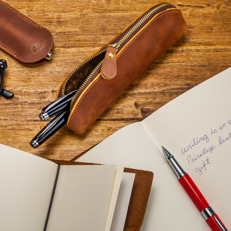 Leather Brown Pencil Case - ZenZoi