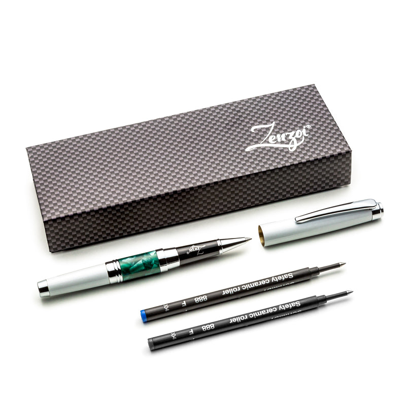 White and Green Abstract Modernist Rollerball Pen with Fine Point Schmidt Ink Refill - ZenZoi