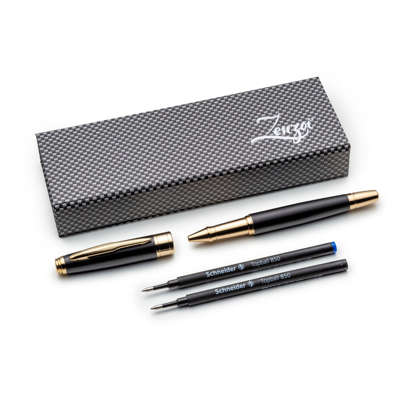 ZenZoi Matte Black & Gold Pen – Elegant Executive Rollerball Pen. Smooth Writing Fine Point Roller Gel Ink. Fancy, Luxury Pen Gift Set for Men