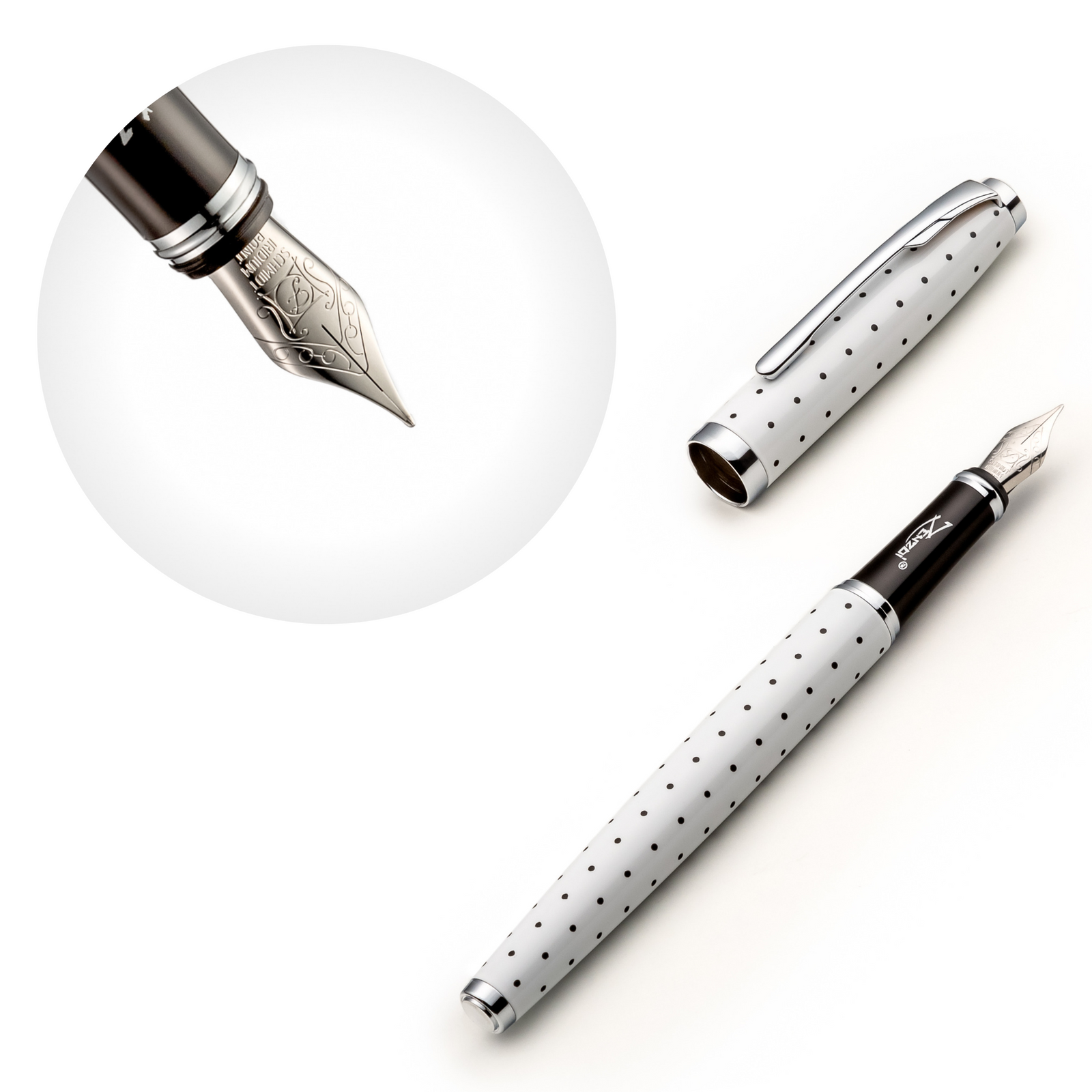 White & Black Polka Dotted Fountain Pen Set with Schmidt White & Black Polka Dotted Fountain Pen Set with Schmidt